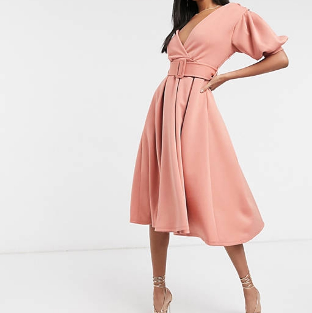 ASOS DESIGN ruched shoulder belted soft prom midi